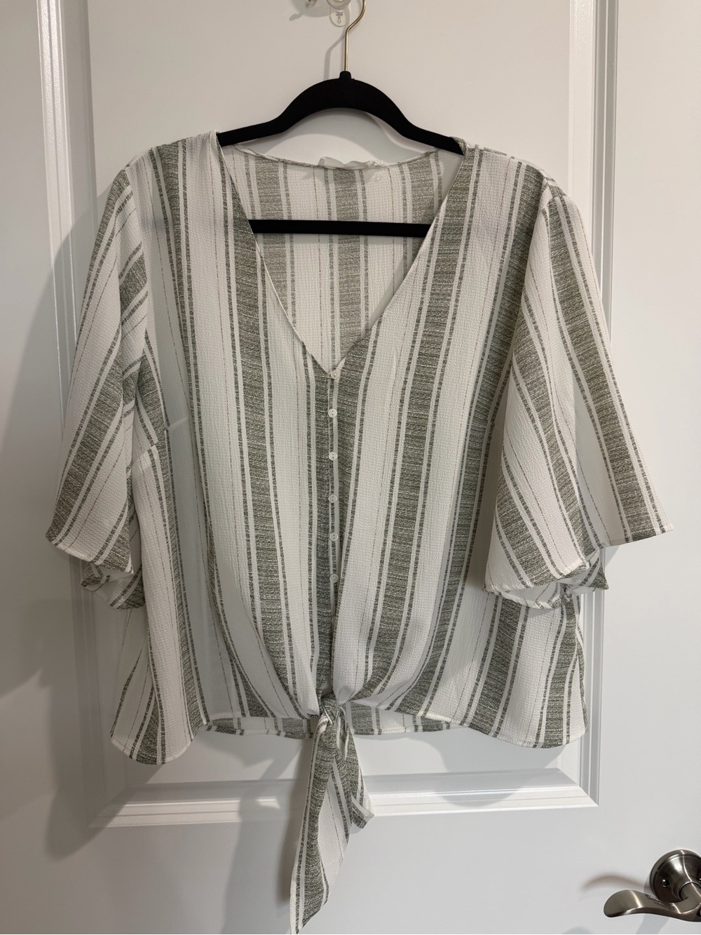 Lush Tie-Front V-Neck Blouse - White & Olive